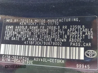 2011 Toyota Camry LE z VIN 4T1BF3EK7BU679002, wystawiony jako IAAI lot #42078508 z przebiegiem 179 019 mil mil oraz . Historia ofert i sprzedaży dostępna na DreamBid. Obrazek 9.