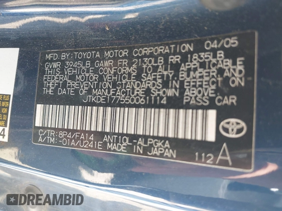 2005 Scion tC z VIN JTKDE177550061114, wystawiony jako IAAI lot #42324823 z przebiegiem 163 068 mil mil oraz . Historia ofert i sprzedaży dostępna na DreamBid. Obrazek 9.