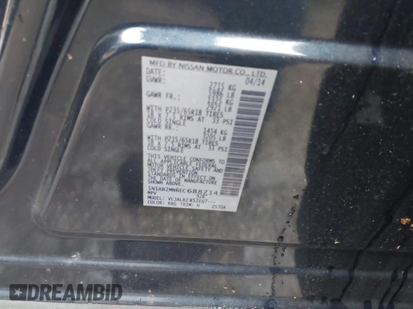 2014 Nissan Pathfinder S z VIN 5N1AR2MN6EC688714, wystawiony jako IAAI lot #42397270 z przebiegiem 223 383 mil mil oraz . Historia ofert i sprzedaży dostępna na DreamBid. Obrazek 9.