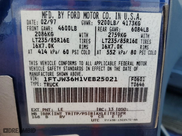 1997 Ford F-350 Crew Cab with VIN 1FTJW36H1VEB25021, listed as a Copart auction lot 78720424 with NaN miles and Salvage Title. Bid and sale history available at carsss.com. Image 12.
