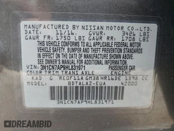 2017 Nissan Versa S Plus z VIN 3N1CN7AP9HL831971, wystawiony jako Copart lot #51603795 z przebiegiem Nie podano mil oraz Szkoda całkowita • Salvage title. Historia ofert i sprzedaży dostępna na DreamBid. Obrazek 14.