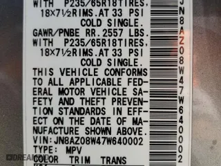 2007 Nissan Murano S with VIN JN8AZ08W47W640002, listed as a Copart auction lot 65936704 with 117,762 mi miles and Salvage Title. Bid and sale history available at carsss.com. Image 12.