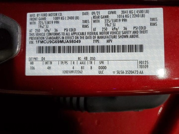 2021 Ford Escape SE z VIN 1FMCU9G69MUA98049, wystawiony jako Copart lot #86615164 z przebiegiem 13 429 mil mil oraz Szkoda całkowita • Salvage title. Historia ofert i sprzedaży dostępna na DreamBid. Obrazek 14.