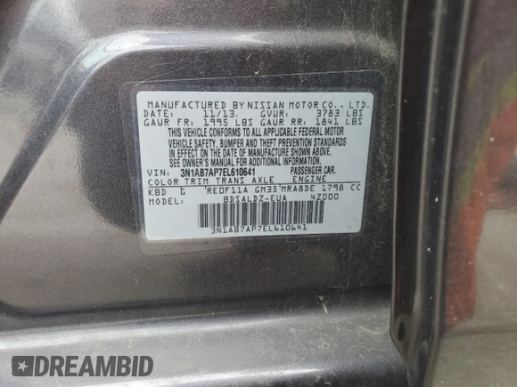 2014 Nissan Sentra SV with VIN 3N1AB7AP7EL610641, listed as a Copart auction lot 51545765 with 249,374 mi miles and Salvage Title. Bid and sale history available at DreamBid. Image 12.
