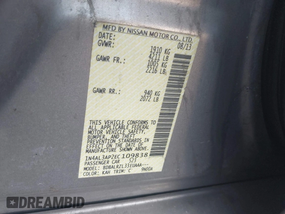 2014 Nissan Altima 2.5 S with VIN 1N4AL3AP2EC109838, listed as a IAAI auction lot 41079111 with 272,948 mi miles. Bid and sale history available at carsss.com. Image 9.