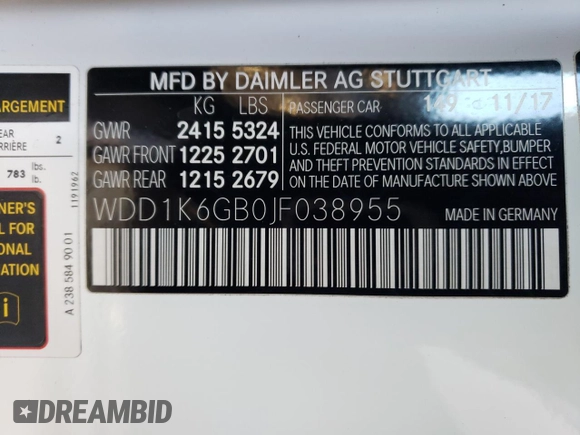 2018 Mercedes-Benz E-Class E 400 with VIN WDD1K6GB0JF038955, listed as a Copart auction lot 87763285 with 55,576 mi miles and Salvage Title. Bid and sale history available at carsss.com. Image 12.