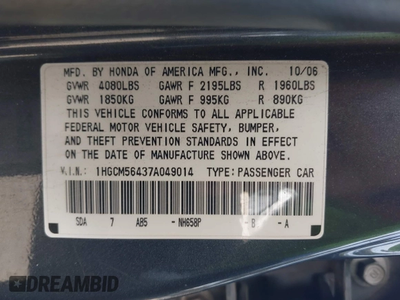 2007 Honda Accord LX with VIN 1HGCM56437A049014, listed as a IAAI auction lot 42483225 with 155,509 mi miles and . Bid and sale history available at DreamBid. Image 9.