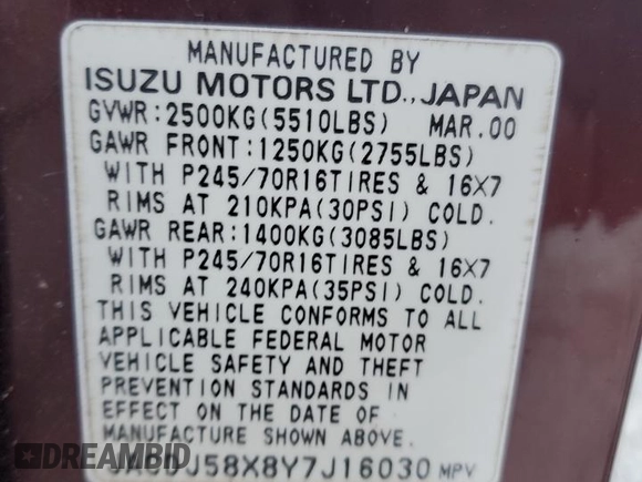 2000 Isuzu Trooper S с VIN JACDJ58X8Y7J16030, выставлен на аукционе Copart как лот 82344664 с пробегом 104 243 миль миль и Чистый • Clean title. История ставок и продаж доступна на DreamBid. Изображение 13.