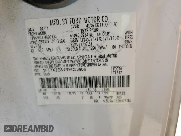 2011 Ford F-250 XL with VIN 1FT7X2B61BEC53986, listed as a Copart auction lot 83654014 with Not Provided miles and Salvage Title. Bid and sale history available at DreamBid. Image 14.