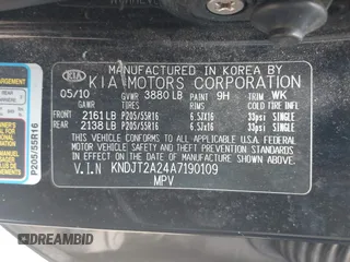 2010 Kia Soul + with VIN KNDJT2A24A7190109, listed as a IAAI auction lot 42232419 with 217,262 mi miles and . Bid and sale history available at DreamBid. Image 9.
