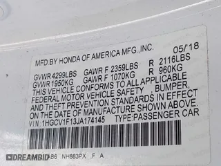 2018 Honda Accord Sedan LX 1.5T with VIN 1HGCV1F13JA174145, listed as a IAAI auction lot 41656523 with 132,664 mi miles. Bid and sale history available at carsss.com. Image 9.