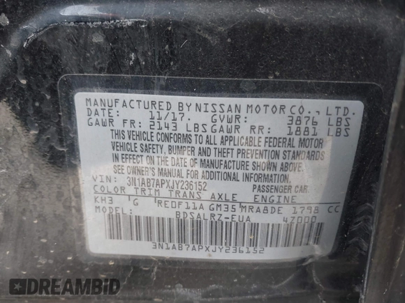 2018 Nissan Sentra S with VIN 3N1AB7APXJY236152, listed as a IAAI auction lot 41611189 with 160,652 mi miles and . Bid and sale history available at DreamBid. Image 9.