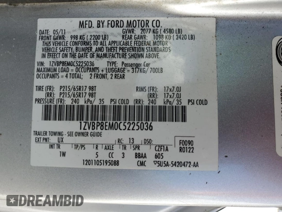 2012 Ford Mustang V6 with VIN 1ZVBP8EM0C5225036, listed as a Copart auction lot 48877375 with 117,791 mi miles and Non Repairable. Bid and sale history available at carsss.com. Image 12.
