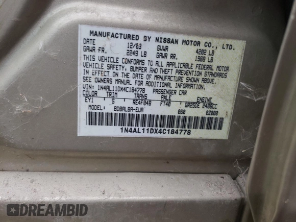 2004 Nissan Altima S with VIN 1N4AL11DX4C184778, listed as a Copart auction lot 42432394 with Not provided miles and Non repairable. Bid and sale history available at DreamBid. Image 12.