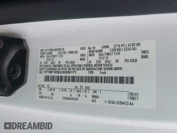 2018 Ford F-150 XL with VIN 1FTMF1EB2JKE86171, listed as a IAAI auction lot 41739453 with 119,296 mi miles and . Bid and sale history available at DreamBid. Image 9.