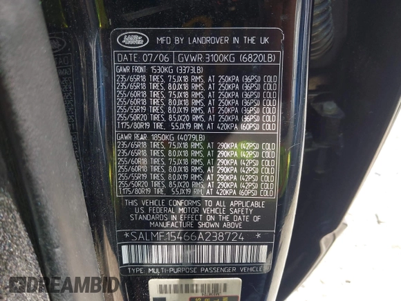 2006 Land Rover Range Rover HSE с VIN SALMF15466A238724, выставлен на аукционе IAAI как лот 42561519 с пробегом 265 944 миль миль и . История ставок и продаж доступна на DreamBid. Изображение 9.