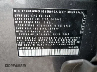 2024 Volkswagen Taos SE z VIN 3VVSX7B24RM131777, wystawiony jako Copart lot #59668105 z przebiegiem 11 100 mil mil oraz Nie do naprawy • Non repairable. Historia ofert i sprzedaży dostępna na DreamBid. Obrazek 14.