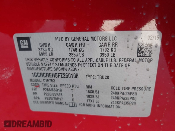 2015 Chevrolet Silverado 1500 LT with VIN 1GCRCREH5FZ260108, listed as a IAAI auction lot 41907415 with 115,089 mi miles. Bid and sale history available at carsss.com. Image 9.