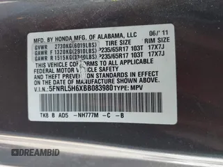 2011 Honda Odyssey EX-L with VIN 5FNRL5H6XBB083980, listed as a IAAI auction lot 42100308 with 191,361 mi miles and . Bid and sale history available at carsss.com. Image 9.