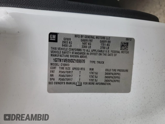 2013 GMC Sierra 1500 with VIN 1GTN1VE09DZ169976, listed as a Copart auction lot 85750504 with 130,270 mi miles and Salvage Title. Bid and sale history available at DreamBid. Image 13.
