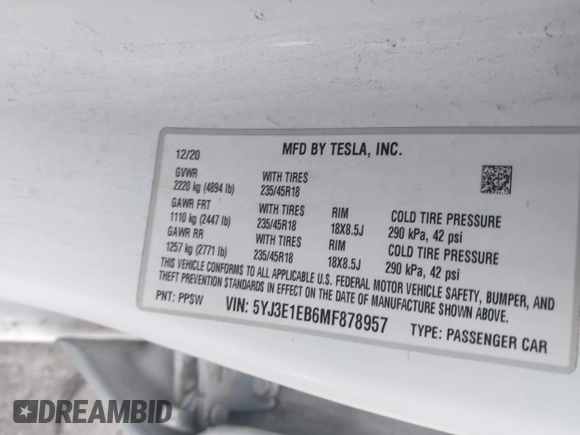 2021 Tesla Model 3 Long Range with VIN 5YJ3E1EB6MF878957, listed as a IAAI auction lot 41915482 with 59,578 mi miles. Bid and sale history available at carsss.com. Image 9.