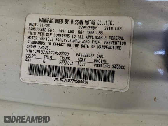 2007 Nissan 350Z with VIN JN1BZ34D77M500028, listed as a Copart auction lot 62935404 with 180,593 mi miles and Salvage Title. Bid and sale history available at DreamBid. Image 12.