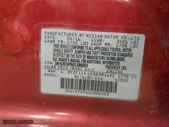 2016 Nissan Versa SV with VIN 3N1CN7AP6GL886053, listed as a Copart auction lot 52039165 with 88,264 mi miles and Non Repairable. Bid and sale history available at carsss.com. Image 12.
