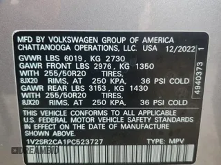 2023 Volkswagen Atlas SEL R-Line Black with VIN 1V2SR2CA1PC523727, listed as a Copart auction lot 58969365 with 27,169 mi miles and Salvage title. Bid and sale history available at DreamBid. Image 14.