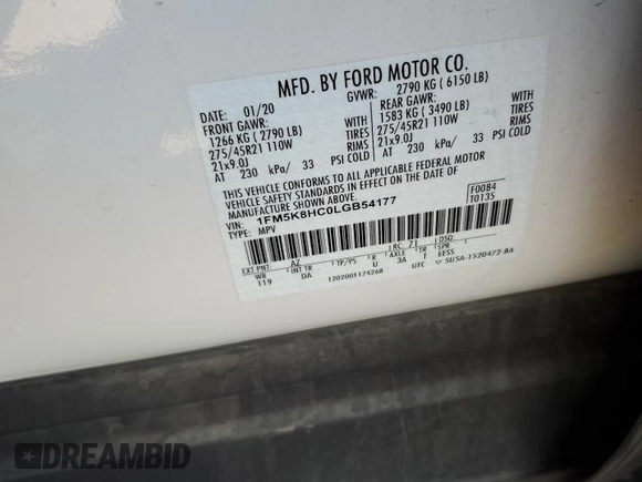 2020 Ford Explorer Platinum z VIN 1FM5K8HC0LGB54177, wystawiony jako Copart lot #62171445 z przebiegiem 37 567 mil mil oraz Szkoda całkowita • Salvage title. Historia ofert i sprzedaży dostępna na DreamBid. Obrazek 13.
