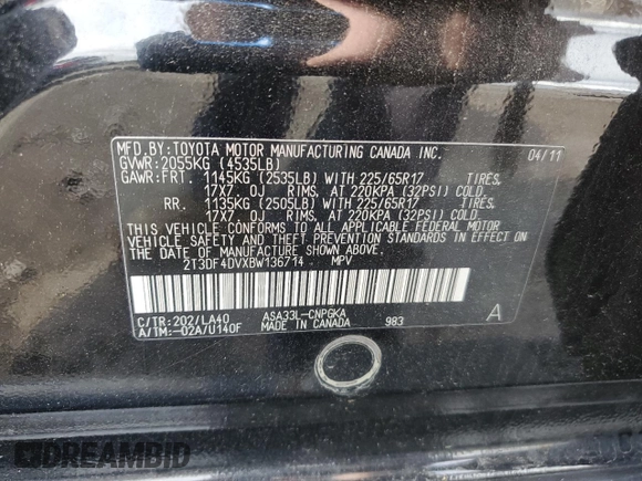 2011 Toyota RAV4 Limited with VIN 2T3DF4DVXBW136714, listed as a Copart auction lot 63933105 with 179,311 mi miles and Salvage title. Bid and sale history available at DreamBid. Image 12.