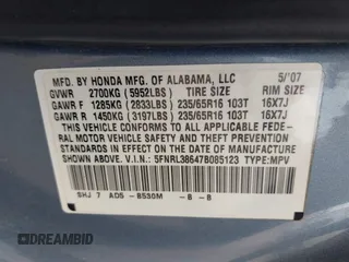 2007 Honda Odyssey EX-L with VIN 5FNRL38647B085123, listed as a IAAI auction lot 42154519 with 168,587 mi miles and . Bid and sale history available at carsss.com. Image 9.