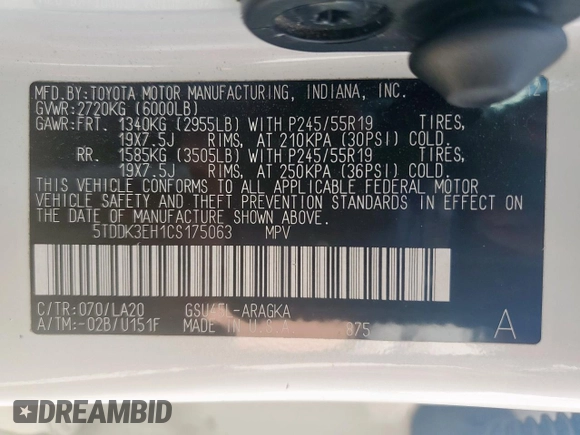 2012 Toyota Highlander Limited с VIN 5TDDK3EH1CS175063, выставлен на аукционе Copart как лот 58625125 с пробегом Не указан миль и Списание • Salvage title. История ставок и продаж доступна на DreamBid. Изображение 14.