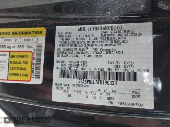 2015 Ford Fusion SE Hybrid with VIN 3FA6P0LU5FR190333, listed as a IAAI auction lot 41802327 with 256,747 mi miles. Bid and sale history available at carsss.com. Image 9.