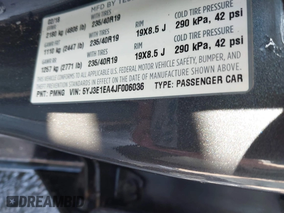 2018 Tesla Model 3 Long Range Battery with VIN 5YJ3E1EA4JF006036, listed as a IAAI auction lot 41934680 with 115,649 mi miles and . Bid and sale history available at DreamBid. Image 9.
