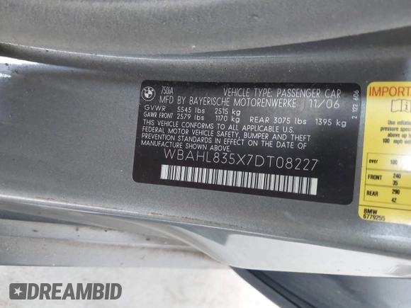 2007 BMW 7 Series 750i with VIN WBAHL835X7DT08227, listed as a IAAI auction lot 42620623 with 177,516 mi miles and . Bid and sale history available at DreamBid. Image 9.