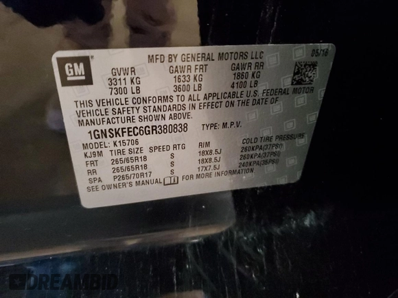 2016 Chevrolet Tahoe Commercial with VIN 1GNSKFEC6GR380838, listed as a Copart auction lot 51470925 with 118,057 mi miles and Clean title. Bid and sale history available at DreamBid. Image 13.