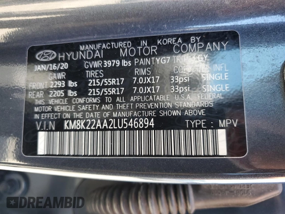 2020 Hyundai Kona SEL with VIN KM8K22AA2LU546894, listed as a Copart auction lot 49510475 with 35,011 mi miles and Salvage Title. Bid and sale history available at DreamBid. Image 12.
