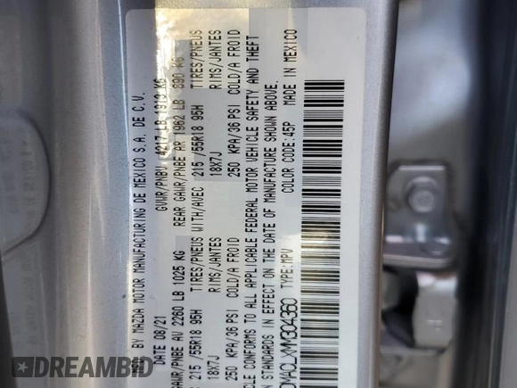 2021 Mazda CX-30 Preferred with VIN 3MVDMACLXMM304360, listed as a Copart auction lot 87596015 with 38,649 mi miles and Non Repairable. Bid and sale history available at DreamBid. Image 14.