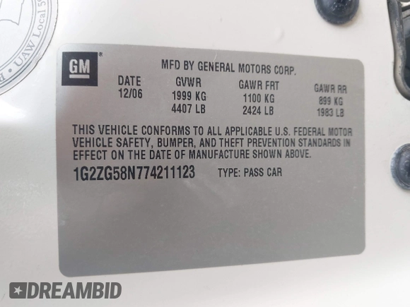 2007 Pontiac G6 G6 with VIN 1G2ZG58N774211123, listed as a IAAI auction lot 42349928 with 163,080 mi miles and . Bid and sale history available at DreamBid. Image 9.