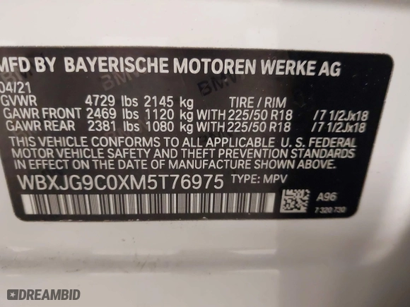 2021 BMW X1 xDrive28i with VIN WBXJG9C0XM5T76975, listed as a IAAI auction lot 41310115 with 26,869 mi miles. Bid and sale history available at carsss.com. Image 9.