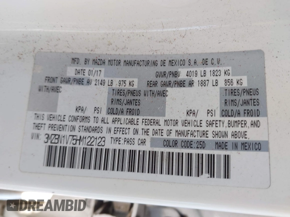 2017 Mazda 3 Touring with VIN 3MZBN1V75HM122123, listed as a IAAI auction lot 41853726 with 100,641 mi miles and . Bid and sale history available at DreamBid. Image 9.