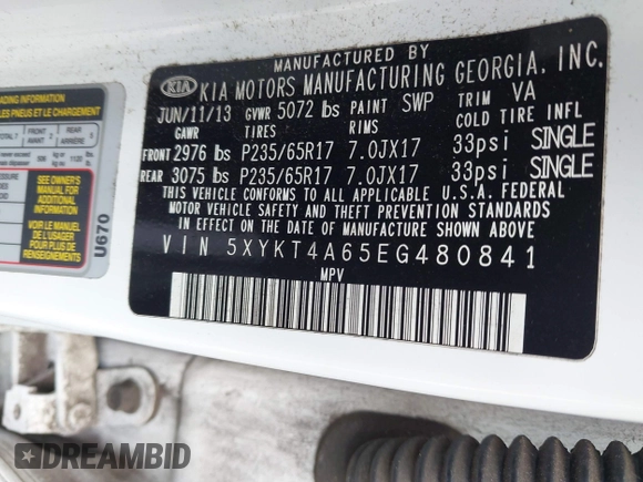 2014 Kia Sorento LX z VIN 5XYKT4A65EG480841, wystawiony jako IAAI lot #41940179 z przebiegiem 164 149 mil mil oraz . Historia ofert i sprzedaży dostępna na DreamBid. Obrazek 9.
