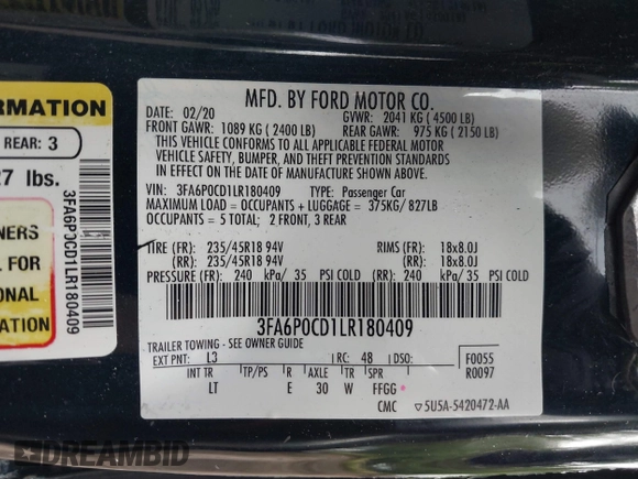 2020 Ford Fusion SEL with VIN 3FA6P0CD1LR180409, listed as a IAAI auction lot 42384311 with 39,163 mi miles and . Bid and sale history available at DreamBid. Image 9.