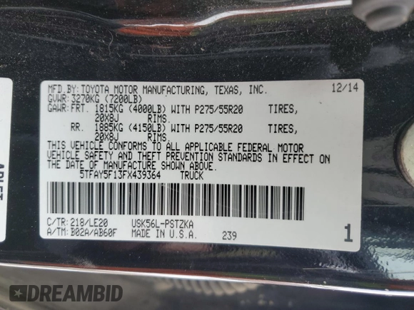 2015 Toyota Tundra Platinum z VIN 5TFAY5F13FX439364, wystawiony jako Copart lot #51660595 z przebiegiem 140 744 mil mil oraz Szkoda całkowita • Salvage title. Historia ofert i sprzedaży dostępna na DreamBid. Obrazek 12.