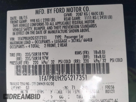 2016 Ford Mustang EcoBoost Premium with VIN 1FATP8UH2G5217351, listed as a IAAI auction lot 41791705 with 84,389 mi miles and . Bid and sale history available at carsss.com. Image 9.
