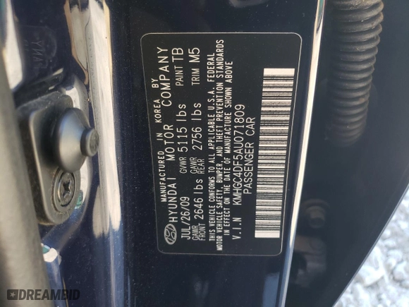 2010 Hyundai Genesis with VIN KMHGC4DF5AU071809, listed as a Copart auction lot 48360615 with 119,543 mi miles and Clean Title. Bid and sale history available at carsss.com. Image 12.