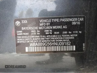 2017 BMW 3 Series 330i with VIN WBA8B9G56HNU09182, listed as a Copart auction lot 53355905 with 128,009 mi miles and Salvage Title. Bid and sale history available at carsss.com. Image 13.