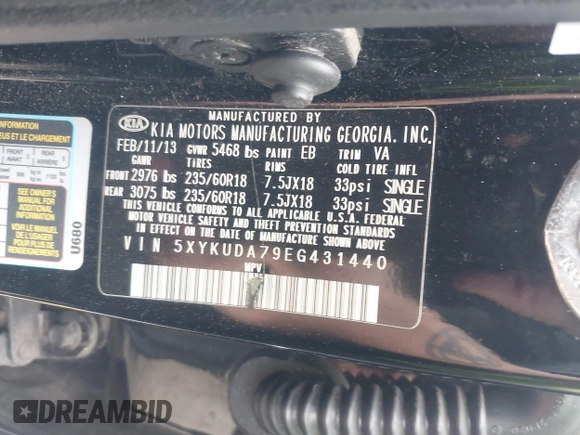 2014 Kia Sorento EX with VIN 5XYKUDA79EG431440, listed as a IAAI auction lot 41850576 with 103,758 mi miles. Bid and sale history available at carsss.com. Image 9.