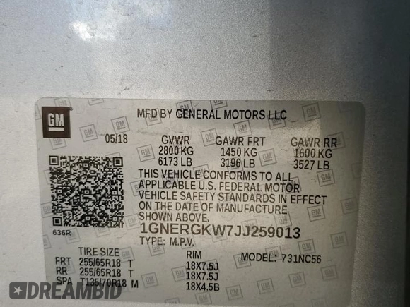 2018 Chevrolet Traverse LT Cloth with VIN 1GNERGKW7JJ259013, listed as a Copart auction lot 60332165 with 111,339 mi miles and Salvage title. Bid and sale history available at DreamBid. Image 14.