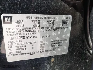 2018 Cadillac XT5 Luxury FWD with VIN 1GYKNCRS5JZ121954, listed as a IAAI auction lot 41627999 with NaN miles. Bid and sale history available at carsss.com. Image 9.